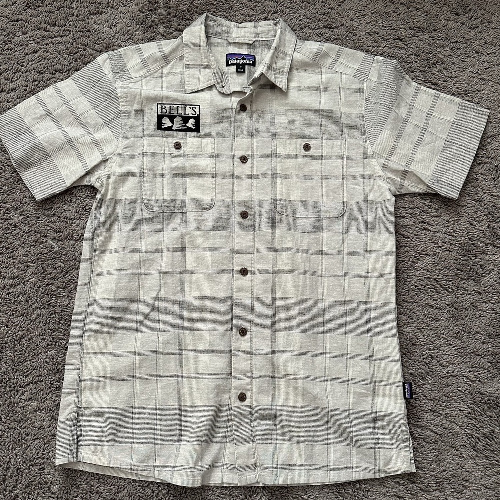 Patagonia Organic Cotton Button Up Shirt Men's Size M Blue & Brown Bells Brewing